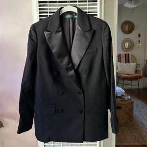 Lauren Ralph Lauren black blazer with satin pointed lapels.